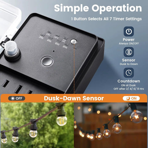 Outdoor Power Stake Timer With Remote Waterproof And Dusk To Dawn Sensor 100 Ft Range 6 Outlets 6 Ft Extension Cord