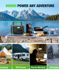 Plug And Play Portable Power Station Featuring 999Wh Battery And 1000W Output with solar charging at a lakeside campsite.