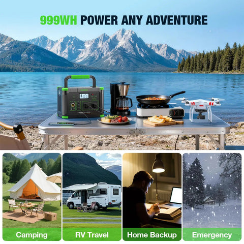 Plug And Play Portable Power Station Featuring 999Wh Battery And 1000W Output with solar charging at a lakeside campsite.
