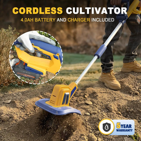 Cordless Garden Tiller Cultivator With 20V Battery, 270 RPM Rototiller shown in use, highlighting 48 steel tines and detachable battery.