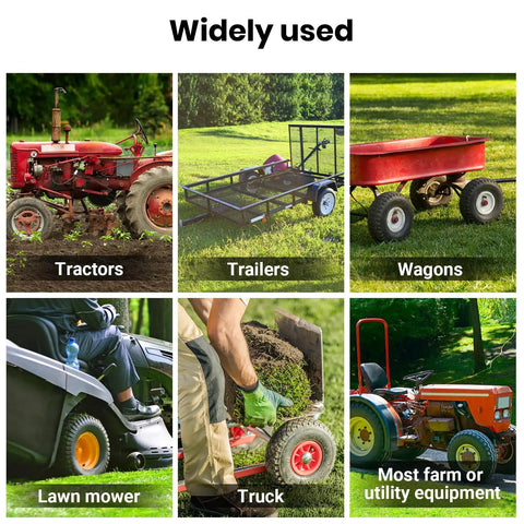 Collage of uses for Heavy Duty 6.00-16 Inner Tubes for Tractors, Trailers, Trucks and More, 600-16 Tire Replacement with TR15 Valve Stems.