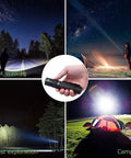 Collage of flashlight used in night walking, camping, forest exploration with image of 2000 Lumen EDC Flashlight With USB C Recharge