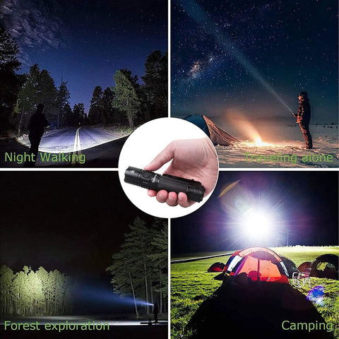Collage of flashlight used in night walking, camping, forest exploration with image of 2000 Lumen EDC Flashlight With USB C Recharge