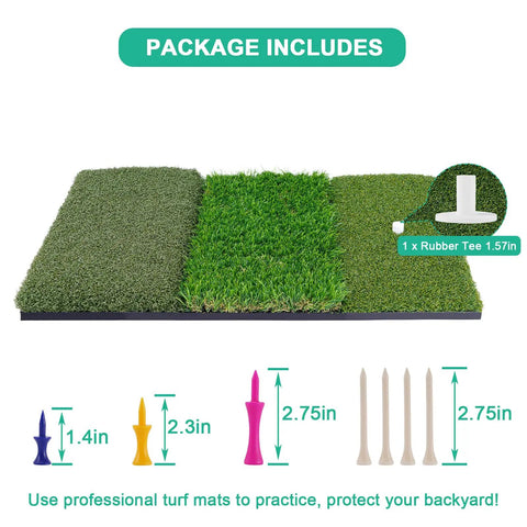 Tri Turf Golf Hitting Mat 24 By 24 Inch Portable Practice Mat for Indoor and Outdoor Use Realistic 3 Turf Surfaces includes rubber tees