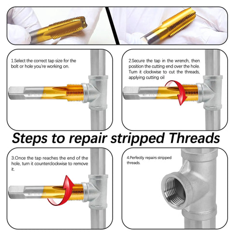 Steps to repair stripped threads using Rugged M2 HSS 1/8-27 NPT Pipe Tap And R Drill Bit Set With Titanium Plating for plumbers.