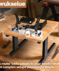 Benchtop Router Table With Heavy Duty Stand And Precision Adjustable Fence, Durable MDF Surface For Straight Shooting Woodrouting, Integrated Dust Port And Clear Shield, Solid Workshop Staple To Nail Every Cut, displayed on workbench.