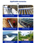 Image showing various uses of Perforated Landscape Drain Pipe Kit With Polyester Filtration for engineering, roadbed, hillside drainage, and landscaping projects.