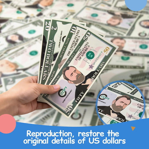 Kid Friendly Realistic Play Money Set With Bills And Coins, child holding pretend $2, $10, and $50 bills, for ages 3 plus