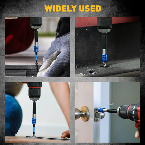 3 Piece One Quarter Inch Quick Change Drill Bit Holder Set With Four Inch Hex Shank Extensions No Slip CRV Steel in use