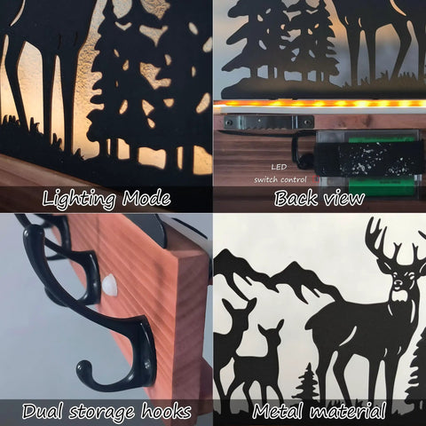 Wooden Deer Coat Rack with Five Hooks and Built-In Motion Sensor Light, close-up of lighting mode, dual hooks, back view, and metal design.