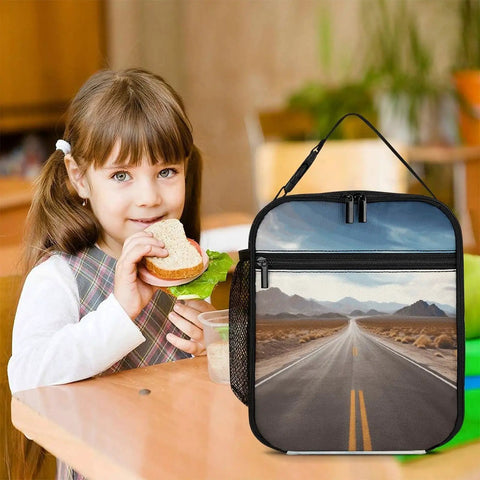 Reusable Insulated Lunch Box With Side Pocket And Detachable Handle for kids at lunch, road design, large capacity tote.