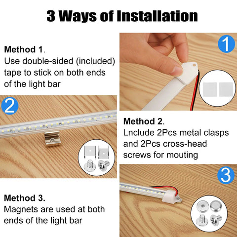 3 installation methods for 12V LED Interior Light Bar With Magnetic Mounts And On Off Switch For Cars Trucks Vans RVs Campers Boats Cargo Trailers And More 6500K Cool White 48 LEDs 600 Lumens 9.6W Wide 160 Degree Beam No Flicker