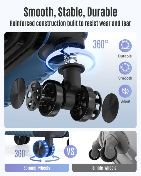 360-degree spinner wheels on Your Go To Carry On Luggage For Airport Runs With Durable Hardside Shell, Royal Blue Finish by Light Flight.