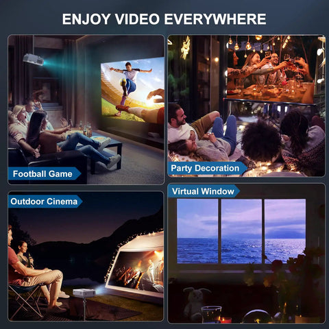 1080P Native Portable Movie Projector With 18000L Brightness, 5G WiFi And Bluetooth 5.3, home and outdoor use scenarios.