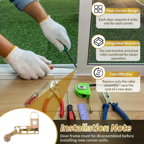 Installation of Premium Heavy Duty Four Pack Sliding Screen Door Rollers With One Inch Concave Wheels and Height Adjusting Screws.