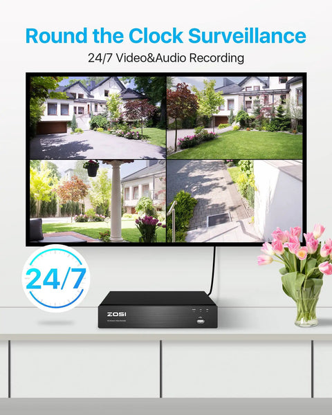 Home setup with 8 Channel 4K Spotlight PoE Security Camera System With Eight 8MP Outdoor Indoor Metal Cameras Including Person And Vehicle Detection Two Way Audio Color Night Vision NVR With 2TB HDD For 24 7 Home Recording displayed on a monitor.