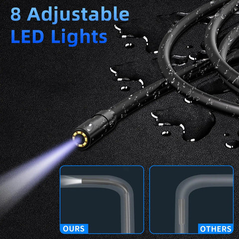 Waterproof IP67 Borescope Endoscope Camera With Light 4.3 Inch LCD 1080P HD Inspection showing LED lights and semi-rigid cable.