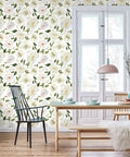 Room with Peony Floral Wallpaper For Bedroom And Nursery, Vintage Watercolor Peel And Stick Mural on wall, elegant dining setting