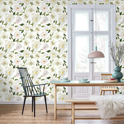 Room with Peony Floral Wallpaper For Bedroom And Nursery, Vintage Watercolor Peel And Stick Mural on wall, elegant dining setting