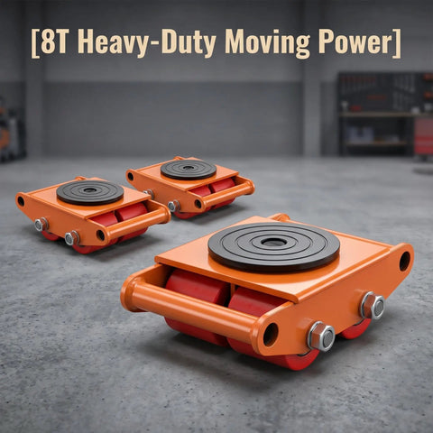 Eight Ton Heavy Duty Machinery Skate Dollies 4 Pack With Smooth 360 Degree Rotation Low Profile Carbon Steel Wheels for moving heavy equipment.