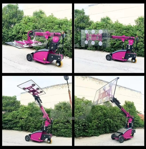Heavy Duty Electric Vacuum Lifter Featuring Dual Mobile Suction Cups For Glass Granite Marble Slabs And Plywood Sheets positioned outdoors with glass slab