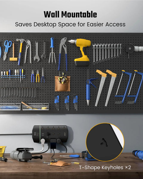 Beefed Up Heavy Duty Power Strip With 13 Widely Spaced Outlets, wall mounted with T-shape keyholes, shown under a tool rack.
