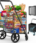 450 Lbs Capacity Folding Shopping Cart Behemoth On Wheels With Dual Basket And 360 Degree Swivel Wheels Heavy Duty Utility Cart loaded with groceries