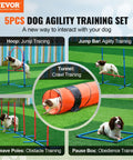 Dog Agility Training Gear Set With Adjustable Hurdles And Extended Tunnel, 6 Weave Poles, Jump Ring, and Pause Box in use