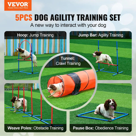 Dog Agility Training Gear Set With Adjustable Hurdles And Extended Tunnel, 6 Weave Poles, Jump Ring, and Pause Box in use