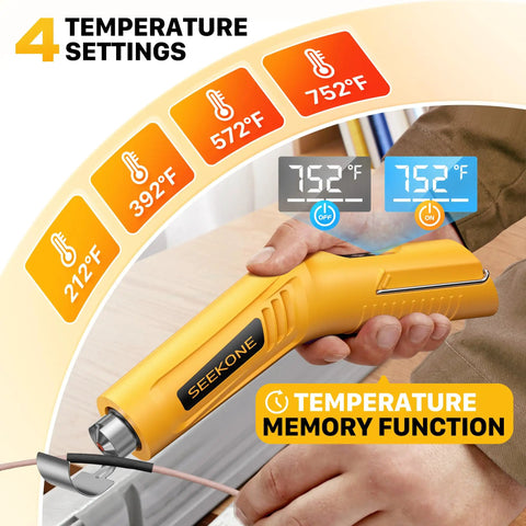 Yellow mini cordless heat gun showing temperature settings and memory function, ideal for DIY crafting and 3D printing.