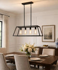 Dining room with Black Kitchen Island Lighting Fixture, 4-Light Farmhouse Pendant With Dope Modern Industrial Linear Design, over table