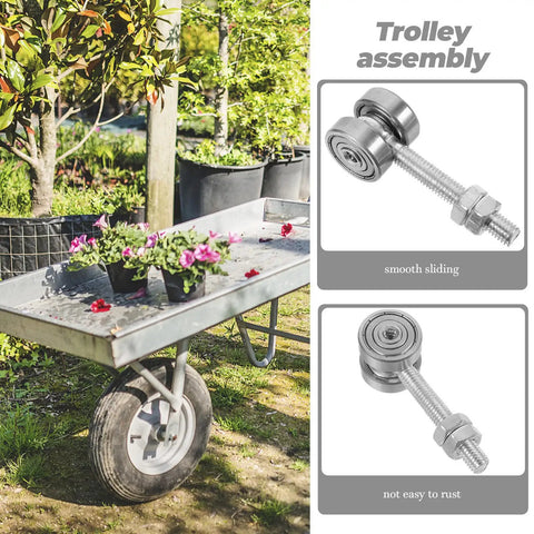 Heavy Duty Sliding Door Roller Trolley Assembly With Dual Precision Sealed Bearings Smooth As Butter Operation For Barn And Patio Doors Hassle Free Zero Jitter Gliding Hardware Kit Supporting Up To Fifty Kg Load close-up of trolley assembly on gardening cart