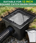 Two Pack Square Catch Basin Drain Filter 12 Inch To Stop Clogs And Backups In Lawn Garden Landscaping And Patio Infiltration System Removable Setup For Smooth Drainage positioned in a garden setting.