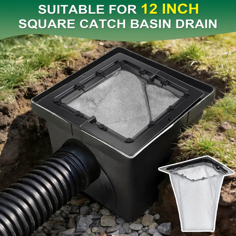Two Pack Square Catch Basin Drain Filter 12 Inch To Stop Clogs And Backups In Lawn Garden Landscaping And Patio Infiltration System Removable Setup For Smooth Drainage positioned in a garden setting.