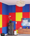 Kickass Heavy Duty Sound Proof Padding, High Density Acoustic Foam Rolls, colorful wall panels in a studio setting