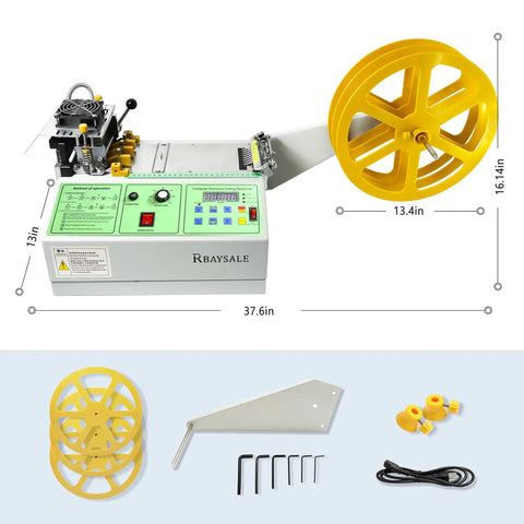 Automatic Webbing Cutter for hot and cold cutting of ribbon and zipper tape, cutting machine with accessories shown