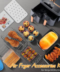 Dual Zone Air Fryer Accessories Must Have Set With 15 Pieces And 100 Liners, 2 Nonstick Cake Pans, 6 Cake Molds, racks, and recipe guide