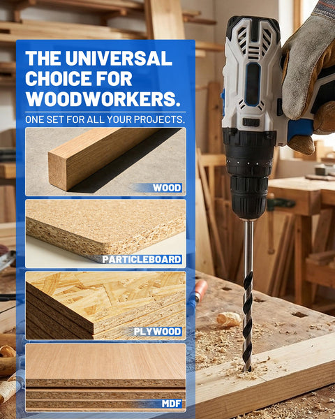 Built Tough 12 Inch Extra Long Drill Bit Set 10 Piece Brad Point Wood Bits for drilling through wood, plywood, and MDF.