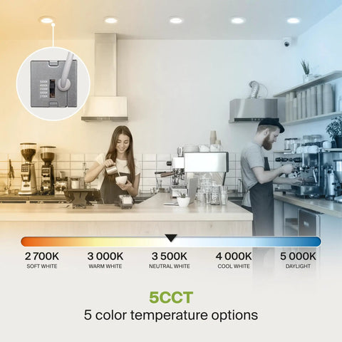 Two-Inch Recessed Led Lights With Junction Box For No Sweat Install Smooth Glow Dimmable Downlights Adjustable Color Temperature Ic Rated Round White Trim High Cri 90 120V To 277V Real Deal 18 Pack showing color temperature options in a cafe.