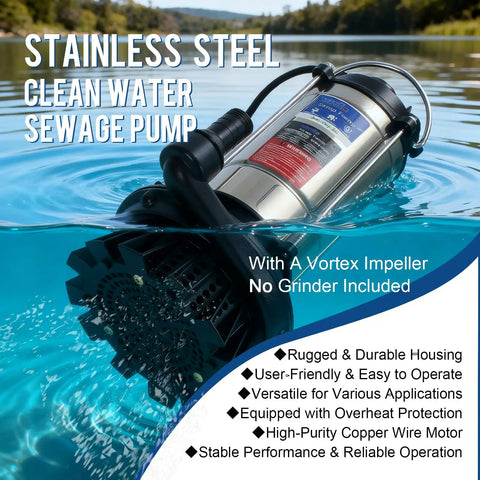 Beastly 1.6HP Submersible Sump Pump With Automatic Float Switch, High Flow 5500 GPH, in stainless steel submerged in water