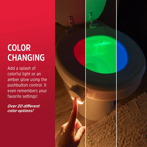 Toilet Light With Motion Sensor And 20 Color Changing LEDs, Battery Powered Bathroom Night Light illuminating a toilet bowl.