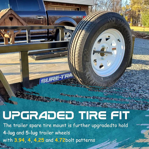 Trail Ready Spare Tire Carrier Mount Bracket for trailers, holding a spare tire with 4-lug and 5-lug bolt patterns on a trailer.