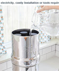 Gravity-Fed Stainless Steel Countertop Water Filter System 2.25 Gallon With BB9-2 Filters in kitchen, no electricity needed