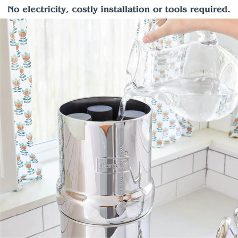 Gravity-Fed Stainless Steel Countertop Water Filter System 2.25 Gallon With BB9-2 Filters in kitchen, no electricity needed