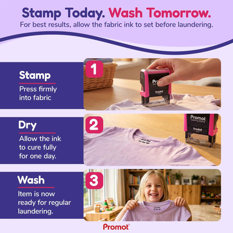 Steps for using Personalized Kids Clothing Stamp Set Self Inking Name Stamp With 2 Lines Of Text Fabric Stamper shown