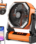 All Day Camping Fan With 20000mAh Battery, 58 Hour Run Time featuring orange design, 360 degree hook, and phone charging