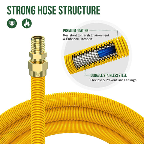 Heavy Duty 48 Inch Flexible Gas Line With Connectors For Stoves Dryers And Water Heaters Fits Most LG GE And Samsung Ranges Built To Last Coated Corrugated 304 Stainless Steel Tubing One Half Inch MIP One Half Inch FIP Three Quarter Inch MIP With UN Nut showing strong hose structure and premium coating