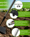 Heavy Duty Garden Draw Hoe with 60 Inch Handle, ergonomic design, featuring welded steel head, rustproof coating, in use for weeding.