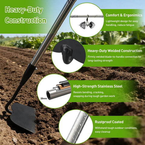 Heavy Duty Garden Draw Hoe with 60 Inch Handle, ergonomic design, featuring welded steel head, rustproof coating, in use for weeding.