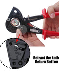 Beefy Heavy Duty Ratchet Cable Cutter for Aluminum and Copper Wires up to 240mm2 showing retract button and closeup details.
